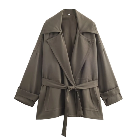 Women Casual Solid Color Belted Windbreaker Jacket And High Waist Wide Leg Trousers Polyester Long Sleeve Autumn Style