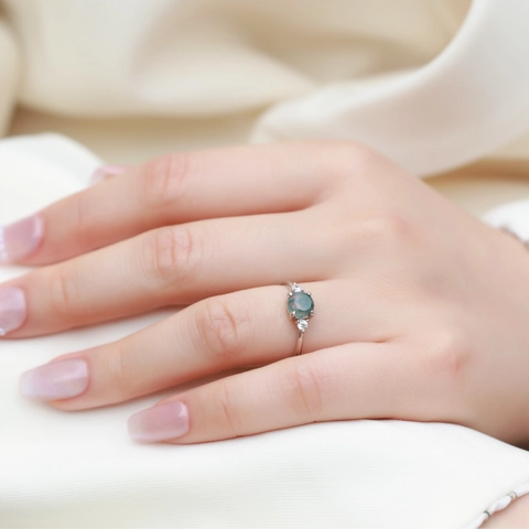 Anillo Abierto de Plata de Ley 925 con Ágata Musgosa Verde Natural para Mujer Anillo Ajustable de Ágata Acuática Geométrica Vintage con Strass Joyería