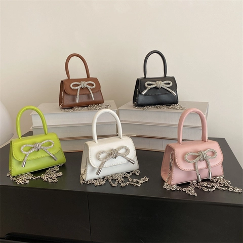 Women Mini Square Handbag Rhinestone Bowknot PU Leather Chain Shoulder Crossbody Bag Lady Fashion Square Bag For Party Daily