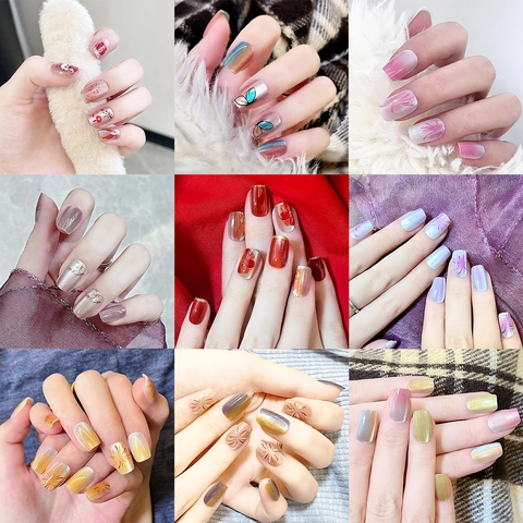 Unghie Finte Press On Occhio Di Gatto Glitter Sfumato Farfalla Disegni Floreali Corte Quadrate Per Donne