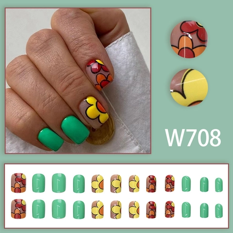 Korte Kunstnagels Rond Groen Bloemenprint Schattige Retro Stijl Volledige Dekking Vingernagels Met Lijm