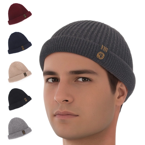 Men Ribbed Knit Beanie Hat Acrylic Warm Winter Skull Cap With Folded Cuff Street Style Outdoor Soft Headwear