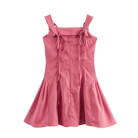 Sexy Roze Camisole Mini Jurk Vierkante Hals Strik Schouderband Hoge Taille Slim Fit Polyester Zomer Voor Dames