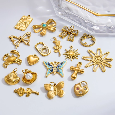 DIY Jewelry Charms Pendants Gold Plated Stainless Steel Butterfly Heart Rose Sun Cross Crab For Necklace Making Waterproof Hypoallergenic