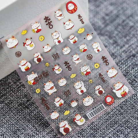 Autocollants Ongles Chat De La Chance 3D Auto-Adhésifs PVC Maneki Neko Daruma Nouvel An Chinois Décoration Manucure Femmes