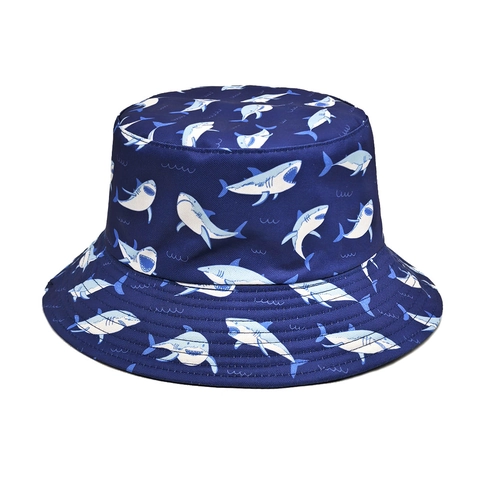 Chapeau Bob Réversible Double Face Polyester Imprimé Requin Fraise Zèbre Protection Solaire Extérieur Hommes Femmes