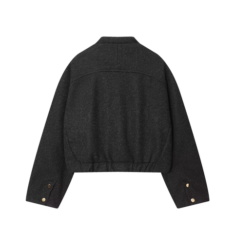 Women Crop Tweed Bomber Jacket Gold Metal Buttons Elastic Hem Long Sleeve Casual Solid Color Streetwear