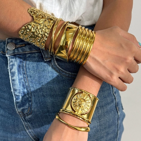 Stainless Steel Bangle Bracelet Cuff Hammered Texture Sun Pattern 18K Gold Plated Bohemian Vintage Jewelry Women Chunky