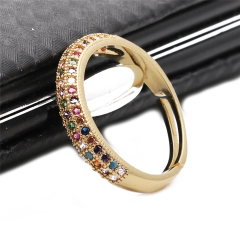 Regenbogen Zirkon Ring Kupfer Vergoldet Mikro Einlage Verstellbar Offen Mode Schmuck Für Damen