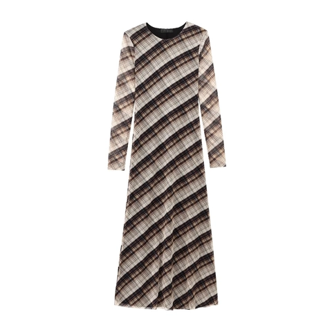 Plaid Mesh Maxi Jurk Dames Lange Mouwen Ronde Hals Slim Fit Vintage Elegant Transparant Polyester Jurk