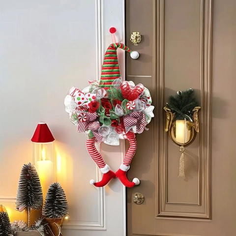 Corona De Elfo De Navidad Decoración Rayas Rojas Verdes Cinta De Malla Piernas Largas Adorno Colgante Decoración De Puerta