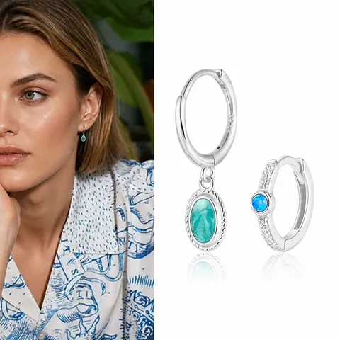 Pendientes De Plata De Ley 925 Asimétricos Esmalte Piedra Textura Turquesa Opalo Sintético Circón Lujo Para Mujeres