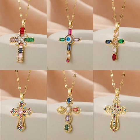 Collana Con Pendente a Croce in Rame Con Zirconia Colorata Malocchio Design Personalizzato Oro Argento Gioielli di Moda Galvanizzati per Donna