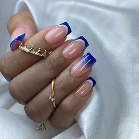 French Klein Blue White Lines Press On Nails Long Square Gradient Elegant Glossy False Nails For Women