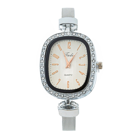 Elegant Women Quartz Watch Rhinestone Bezel Alloy Mesh Strap Oval Dial Arabic Numerals Analog Wristwatch For Ladies