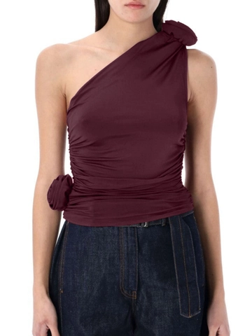 One Shoulder Tank Top With 3D Flower Decoration Ruched Sleeveless Polyester Spandex Sexy Summer Slim Fit Women Clothing