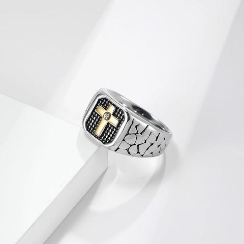 Anello Sigillo Croce Da Uomo Vintage Acciaio Inossidabile Intarsio Zirconia Faccia Quadrata Gotico Punk Gioielli Religiosi Accessorio