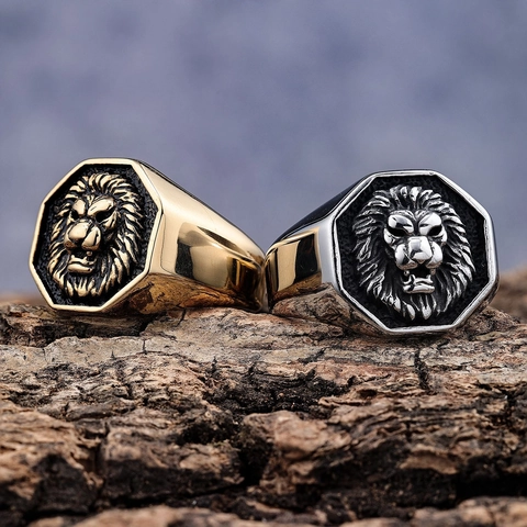 Lion Head Ring Stainless Steel Vintage Domineering Men Octagonal Relief Punk Hip Hop Fashion Jewelry