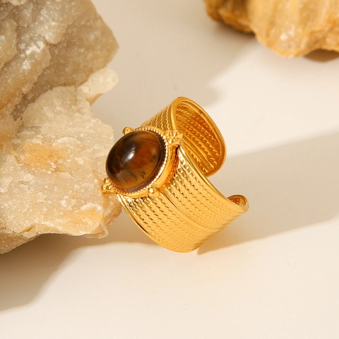 Anillo Abierto Ancho Estilo Francés Vintage Acero Inoxidable Chapado En Oro De 18K Con Piedra Natural Ojo De Tigre Para Mujer