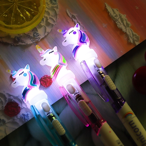 Penna A Sfera Luminosa A LED Unicorno Retrattile Cancelleria Per Cartoni Animati Plastica Inchiostro Blu Regalo Scuola