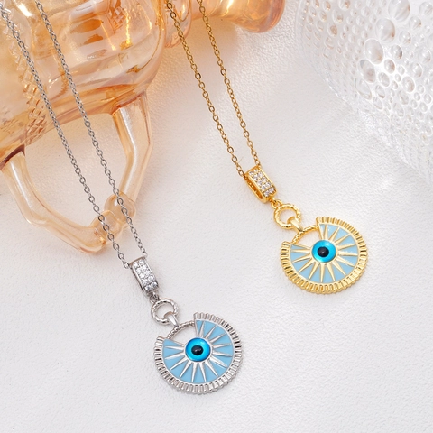 Luxus Kupfer 18K Vergoldete Türkische Evil Eye Sonnenstrahl Anhänger Halskette Funkelnde Strass Auge Charm Schmuck Für Damen