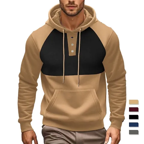 Felpa Con Cappuccio Uomo Poliestere Maniche Lunghe Coulisse Bottoni Tasca A Marsupio Contrasto Blocchi Di Colore