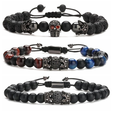 Bracciale Perline Occhio Di Tigre Naturale Pietra Vulcanica Rame Micro Pavé Corona Teschio Corda Intrecciata Regolabile Uomo