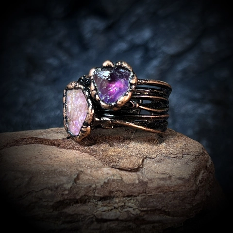 Vintage Handmade Copper Ring Natural Amethyst Rose Quartz Raw Stone Adjustable Open Ring Bohemian Women Jewelry Gift