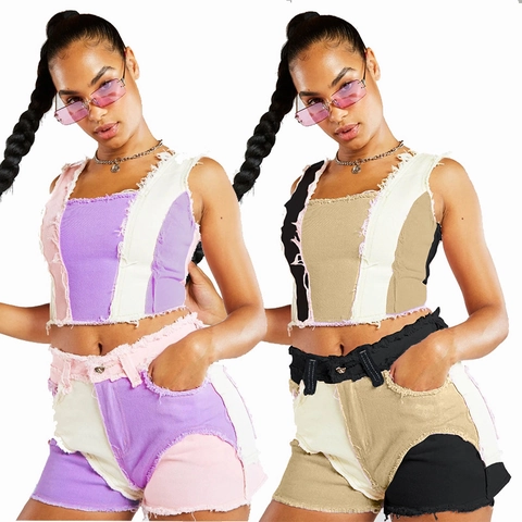 Pantalones Cortos Vaqueros Mujer Cintura Alta Patchwork Color Block Dobladillo Deshilachado Mezcla Algodón Streetwear Casual