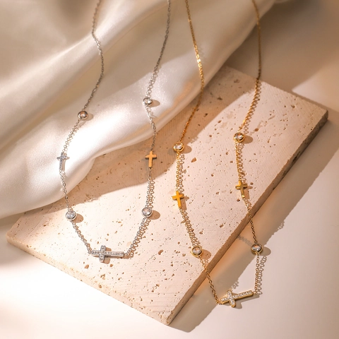 Collana Con Ciondolo A Croce Minimalista In Acciaio Al Titanio Con Zirconia Incastonata Placcato Oro Gioielli Di Moda Per Donna
