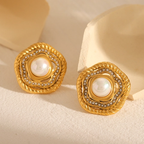 Flower Stud Earrings 18K Gold Plated Stainless Steel With Artificial Pearl And Rhinestone French Vintage Elegant For Women