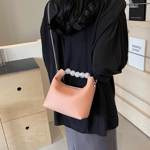 Mini Bolso Bandolera Para Mujer Patrón Litchi Cuero PU Asa De Perlas Cadena Plateada Bolso De Hombro Hobo Moda