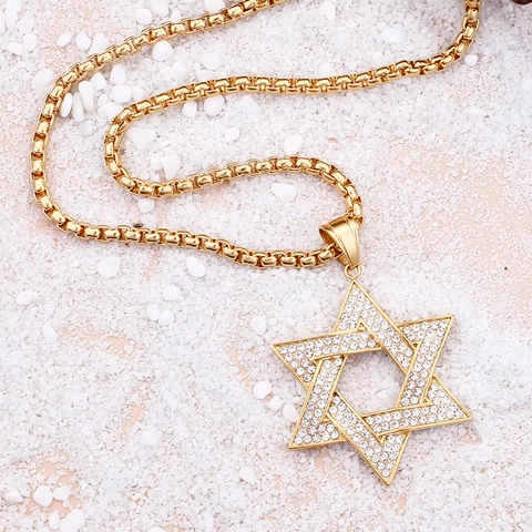 Hexagram Star Of David Pendant Necklace Gold Plated Stainless Steel Iced Out Rhinestone Hip Hop Fashion Jewelry