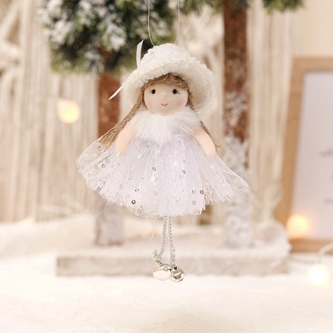 Simpatica Bambola Angelo Di Natale Da Appendere Gonna In Rete Con Paillettes Cappello Peluche Per Albero Di Natale