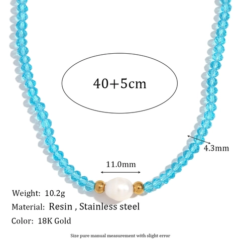 Collier en Perles de Cristal Bleu en Acier Inoxydable pour Femmes Avec Perle d'Eau Douce Unique Bijoux de Mode