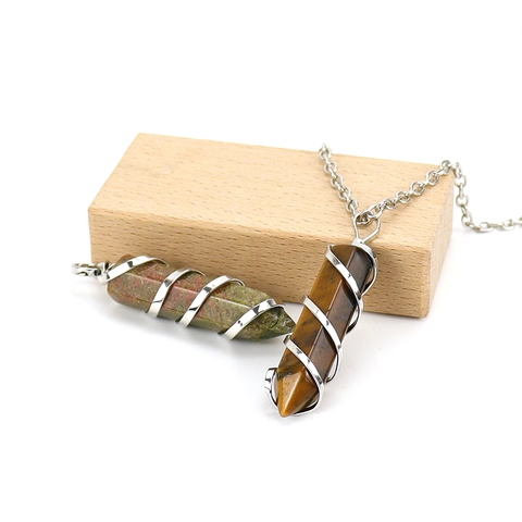 Hexagonal Column Pendant Necklace With Natural Crystal Stone Spiral Metal Wire Wrap Vintage Ethnic Jewelry For Women