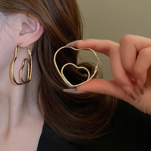 Exaggerated Double Layer Hollow Heart Hoop Earrings With Silver Earring Post Alloy Metal Personalized Statement For Women