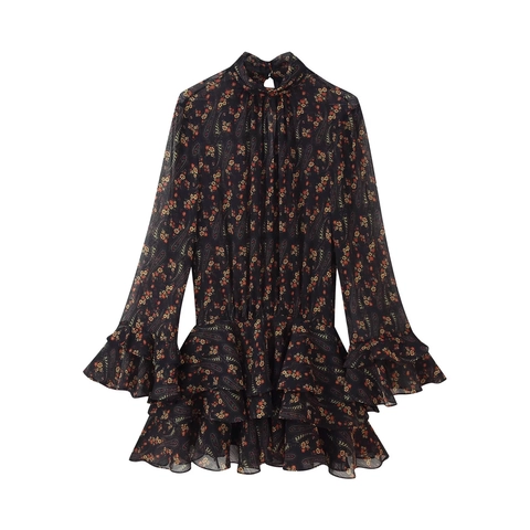 Dames Chiffon Mini Jurk Met Bloemenprint Elegant Hooggesloten Gelaagde Ruches Lange Mouwen Gesmokte Taille Feest