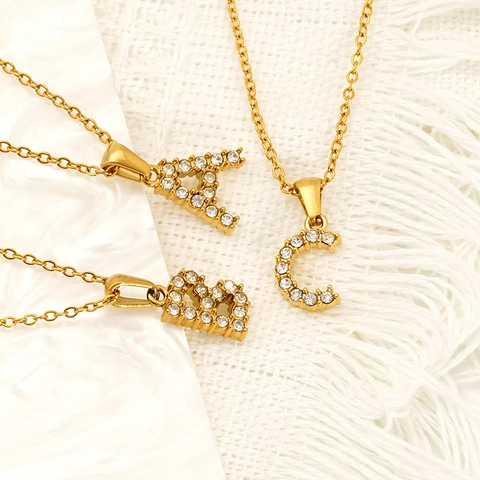Alphabet Initial Pendant Necklace Zircon Rhinestone Inlaid Gold Plated Titanium Steel Clavicle Chain Jewelry For Women