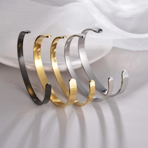 Minimalist Open Cuff Bangle Titanium Steel Polished C Shaped Bracelet For Men Women Fashion Jewelry Accessory