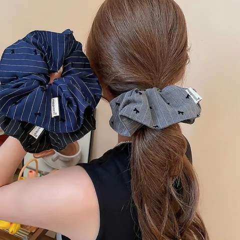 Large Fabric Hair Scrunchies With Striped Pattern And Bow Embroidery Elastic Ponytail Holder For Women Girls Elegant Accessories