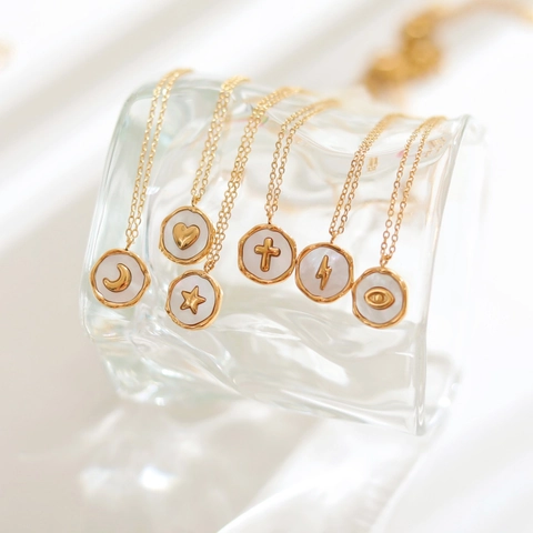 Collana In Acciaio Inossidabile Placcato Oro Con Pendente Rotondo In Madreperla Cuore Luna Stella Croce Gioielli Minimalisti