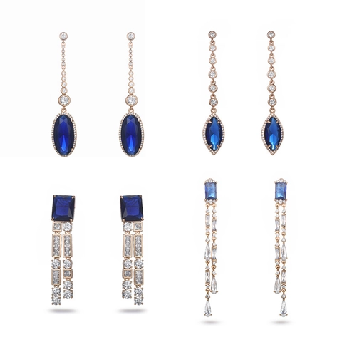 Orecchini Pendenti Lunghi Rame Con Zirconi Blu Geometrico Quadrato Lusso Elegante Retro Art Deco Gioielli Da Donna