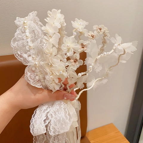 Girls White Lace Flower Headband With Imitation Artificial Pearls Ribbon Hair Accessory For Wedding Princess Style