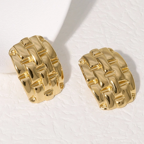 Pendientes De Botón Rectangulares Con Textura Tejida Acero Inoxidable Chapado En Oro Joyería De Mujer