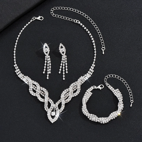 Luxury Copper Alloy Rhinestone Bridal Jewelry Set Hollow Necklace Earrings Bracelet For Wedding Banquet Party Women