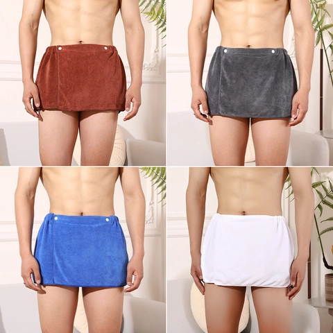 Men Wearable Bath Towel Soft Microfiber Quick Dry Bathrobe Skirt With Pocket Button Closure Solid Color For Sauna Spa