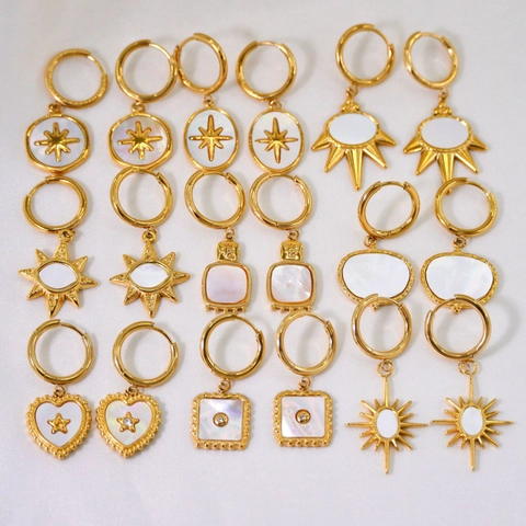 French Vintage Stainless Steel 14K Gold Plated Mother Of Pearl Earrings Geometric Starburst Heart Pendant Hoop Earrings For Women