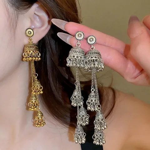 Orecchini Jhumka Boho Vintage Con Nappe Con Perno In Argento Sterling 925 Stile Etnico Campana Multistrato Lunghi Pendenti