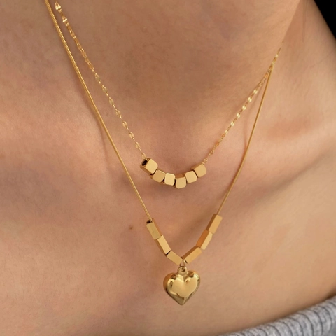 Heart Pendant Necklace Minimalist Stainless Steel Square Cube Beads Dainty Geometric Jewelry Women Elegant